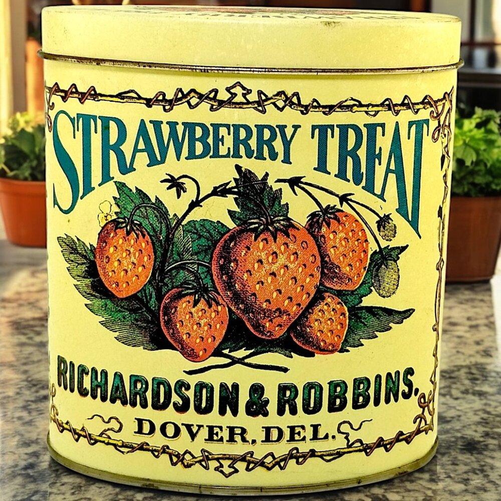 Vintage Strawberry Treat Tin – Retro Yellow Advertising Canister by Richardson &